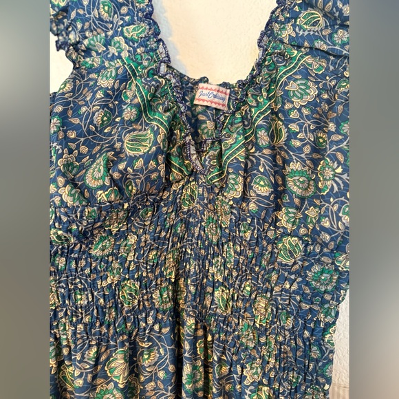 Blue and Green Ruched Smocked Maxi Sundress - Picture 2 of 5